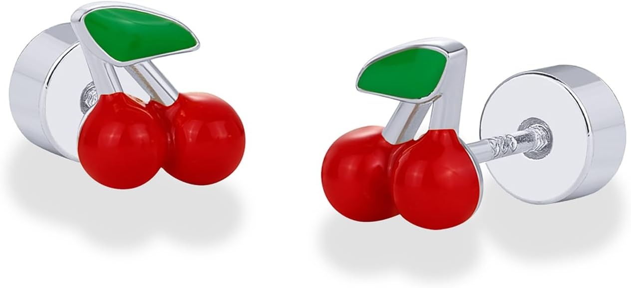 image:imagePAVOI 14K Gold Plated 925 Sterling Silver Posts Enamel Flatback Stud Earrings for Women Colored Chili Pepper Strawberry Cherry Emoji Screwback Earrings Dainty Helix Cartilage Piercing JewelryCherry