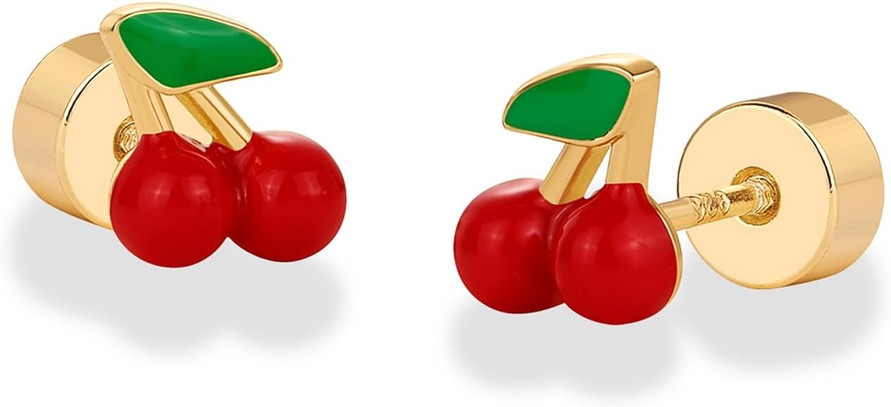 image:imagePAVOI 14K Gold Plated 925 Sterling Silver Posts Enamel Flatback Stud Earrings for Women Colored Chili Pepper Strawberry Cherry Emoji Screwback Earrings Dainty Helix Cartilage Piercing JewelryCherry