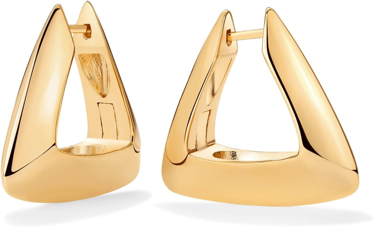 image:imagePAVOI 14K Gold Plated 925 Sterling Silver Posts Geometric Hoop Earrings for Women Trendy Geo Long Oval UShaped Link Triangle Huggie Hoops EarringTriangle