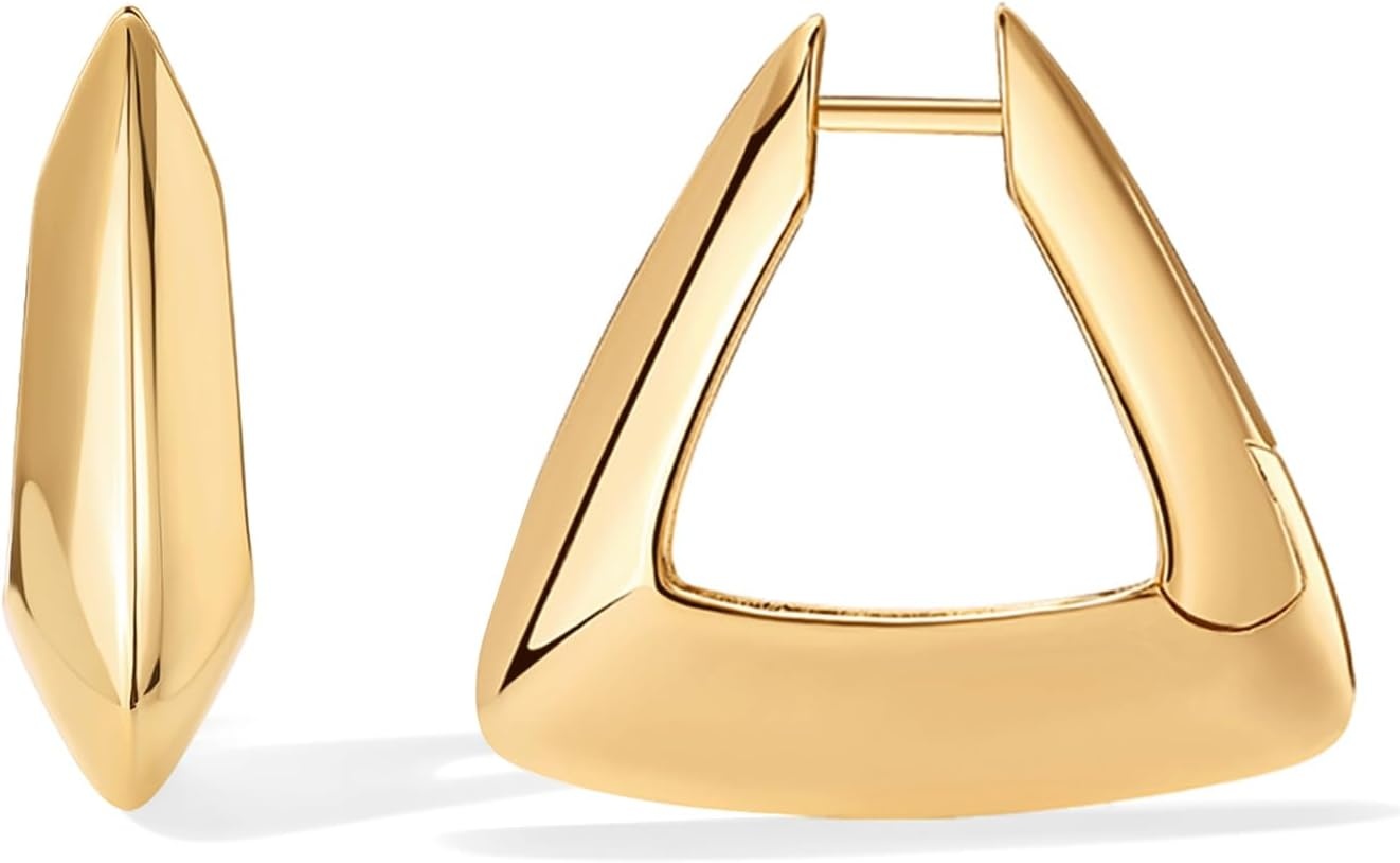 image:imagePAVOI 14K Gold Plated 925 Sterling Silver Posts Geometric Hoop Earrings for Women Trendy Geo Long Oval UShaped Link Triangle Huggie Hoops EarringTriangle