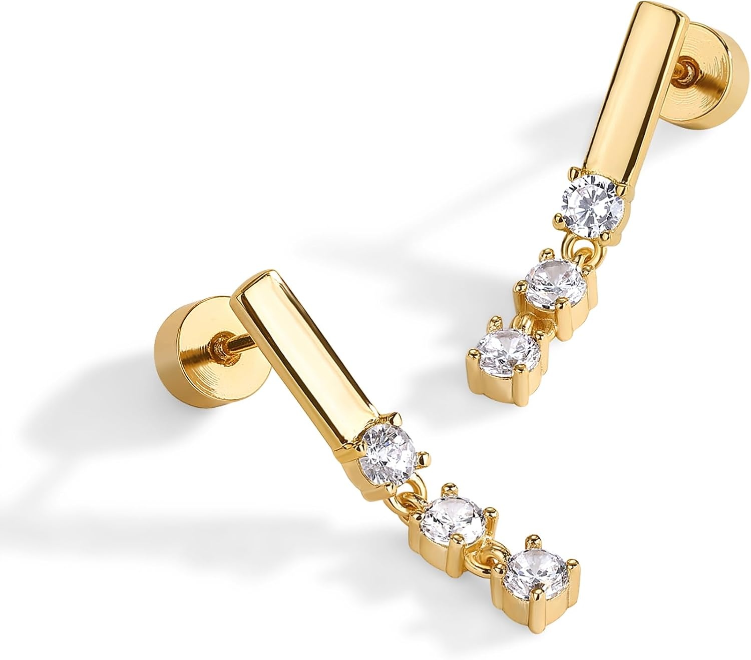 image:imagePAVOI 14K Gold Plated 925 Sterling Silver Posts Mini Bar Drop Dangle Flatback Earrings for Women Dainty Helix Cartilage Piercing Jewelry Baguette Bezel Marquise Pearl Cubic Zirconia Screwback Stud EarringsTriple Stone