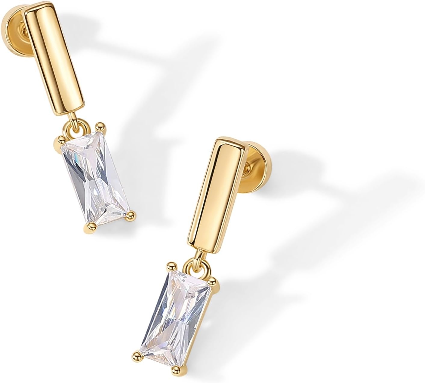 image:imagePAVOI 14K Gold Plated 925 Sterling Silver Posts Mini Bar Drop Dangle Flatback Earrings for Women Dainty Helix Cartilage Piercing Jewelry Baguette Bezel Marquise Pearl Cubic Zirconia Screwback Stud EarringsBaguette
