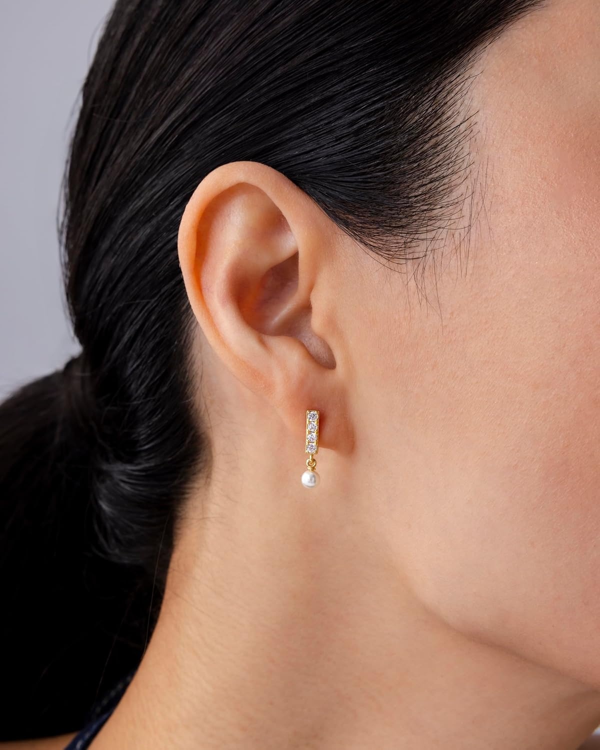 image:imagePAVOI 14K Gold Plated 925 Sterling Silver Posts Mini Bar Drop Dangle Flatback Earrings for Women Dainty Helix Cartilage Piercing Jewelry Baguette Bezel Marquise Pearl Cubic Zirconia Screwback Stud EarringsPearl