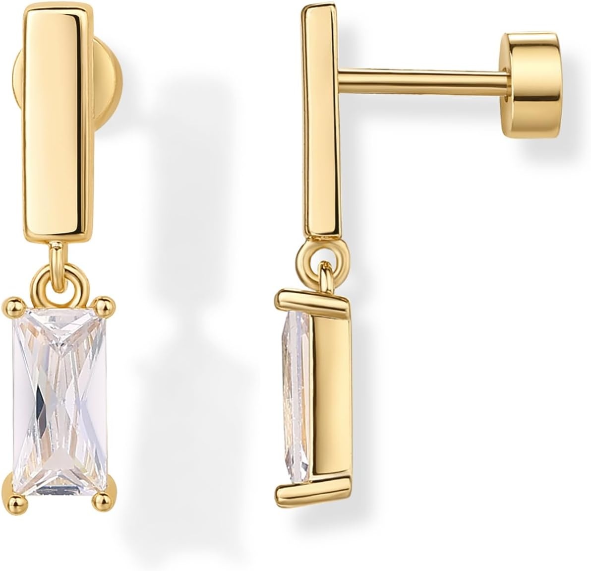 image:imagePAVOI 14K Gold Plated 925 Sterling Silver Posts Mini Bar Drop Dangle Flatback Earrings for Women Dainty Helix Cartilage Piercing Jewelry Baguette Bezel Marquise Pearl Cubic Zirconia Screwback Stud EarringsBaguette
