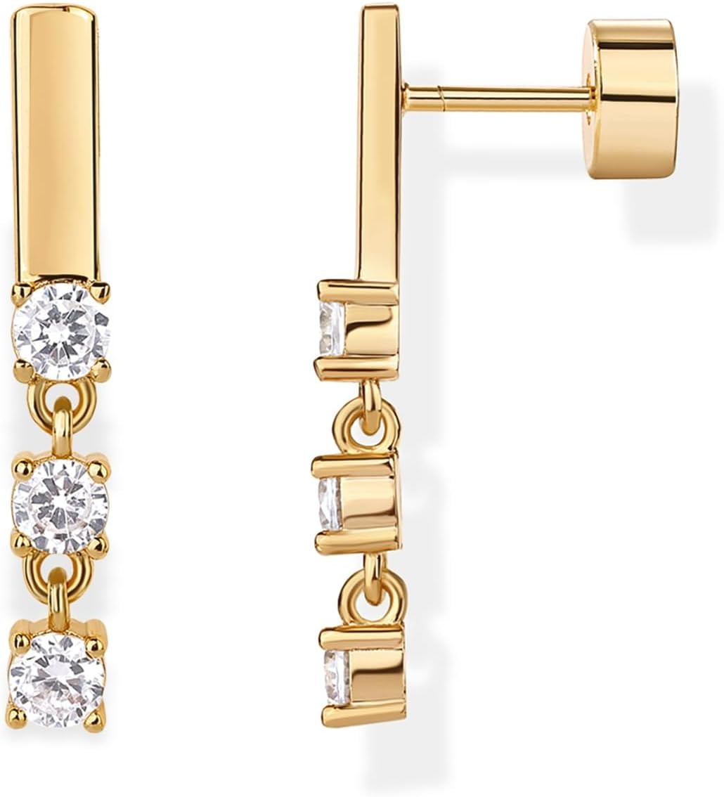 image:imagePAVOI 14K Gold Plated 925 Sterling Silver Posts Mini Bar Drop Dangle Flatback Earrings for Women Dainty Helix Cartilage Piercing Jewelry Baguette Bezel Marquise Pearl Cubic Zirconia Screwback Stud EarringsTriple Stone