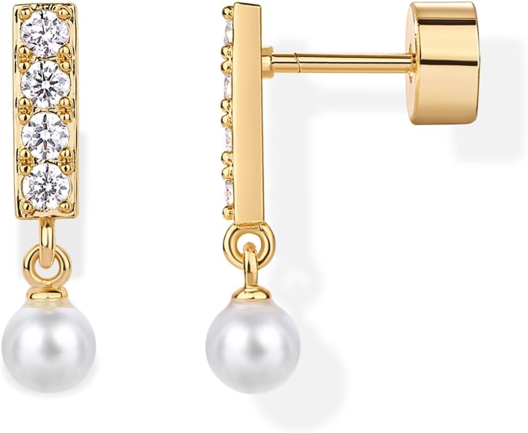 image:imagePAVOI 14K Gold Plated 925 Sterling Silver Posts Mini Bar Drop Dangle Flatback Earrings for Women Dainty Helix Cartilage Piercing Jewelry Baguette Bezel Marquise Pearl Cubic Zirconia Screwback Stud EarringsPearl