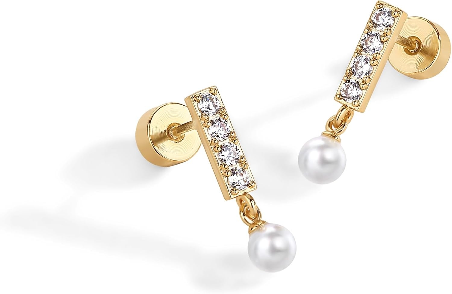 image:imagePAVOI 14K Gold Plated 925 Sterling Silver Posts Mini Bar Drop Dangle Flatback Earrings for Women Dainty Helix Cartilage Piercing Jewelry Baguette Bezel Marquise Pearl Cubic Zirconia Screwback Stud EarringsPearl