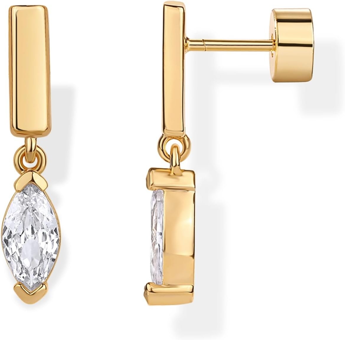 image:imagePAVOI 14K Gold Plated 925 Sterling Silver Posts Mini Bar Drop Dangle Flatback Earrings for Women Dainty Helix Cartilage Piercing Jewelry Baguette Bezel Marquise Pearl Cubic Zirconia Screwback Stud EarringsMarquise