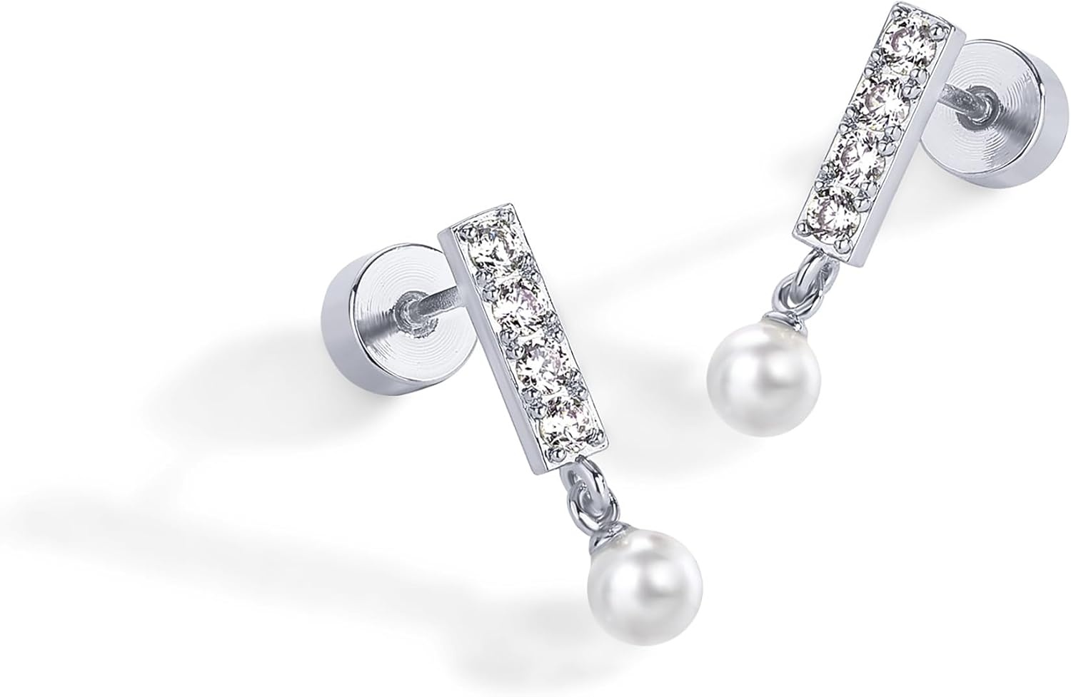 image:imagePAVOI 14K Gold Plated 925 Sterling Silver Posts Mini Bar Drop Dangle Flatback Earrings for Women Dainty Helix Cartilage Piercing Jewelry Baguette Bezel Marquise Pearl Cubic Zirconia Screwback Stud EarringsPearl