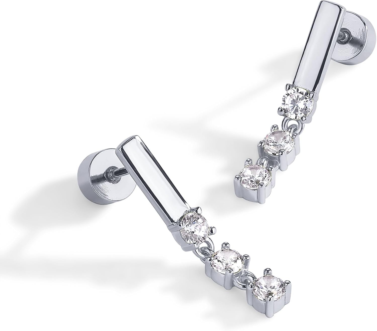 image:imagePAVOI 14K Gold Plated 925 Sterling Silver Posts Mini Bar Drop Dangle Flatback Earrings for Women Dainty Helix Cartilage Piercing Jewelry Baguette Bezel Marquise Pearl Cubic Zirconia Screwback Stud EarringsTriple Stone