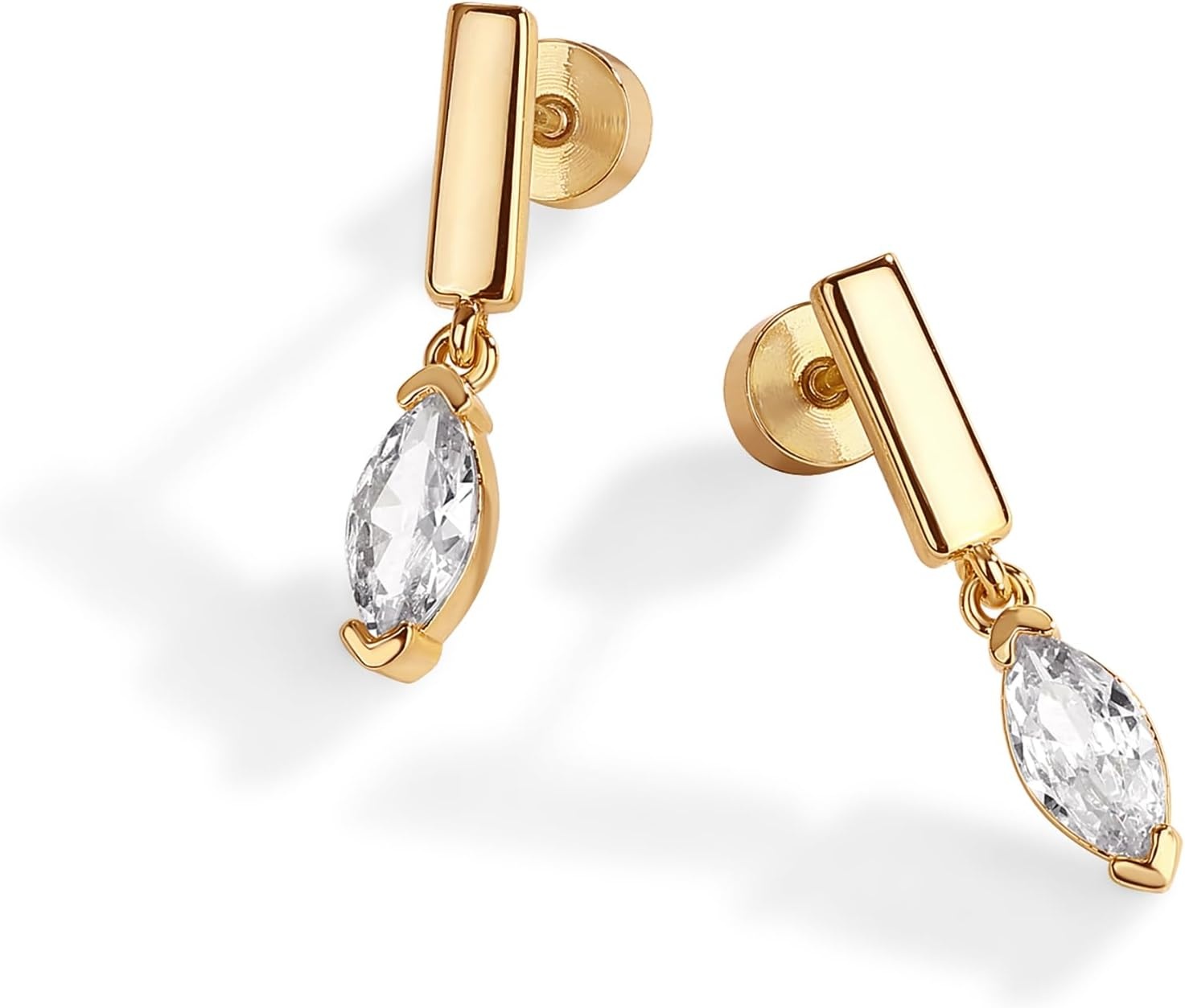 image:imagePAVOI 14K Gold Plated 925 Sterling Silver Posts Mini Bar Drop Dangle Flatback Earrings for Women Dainty Helix Cartilage Piercing Jewelry Baguette Bezel Marquise Pearl Cubic Zirconia Screwback Stud EarringsMarquise