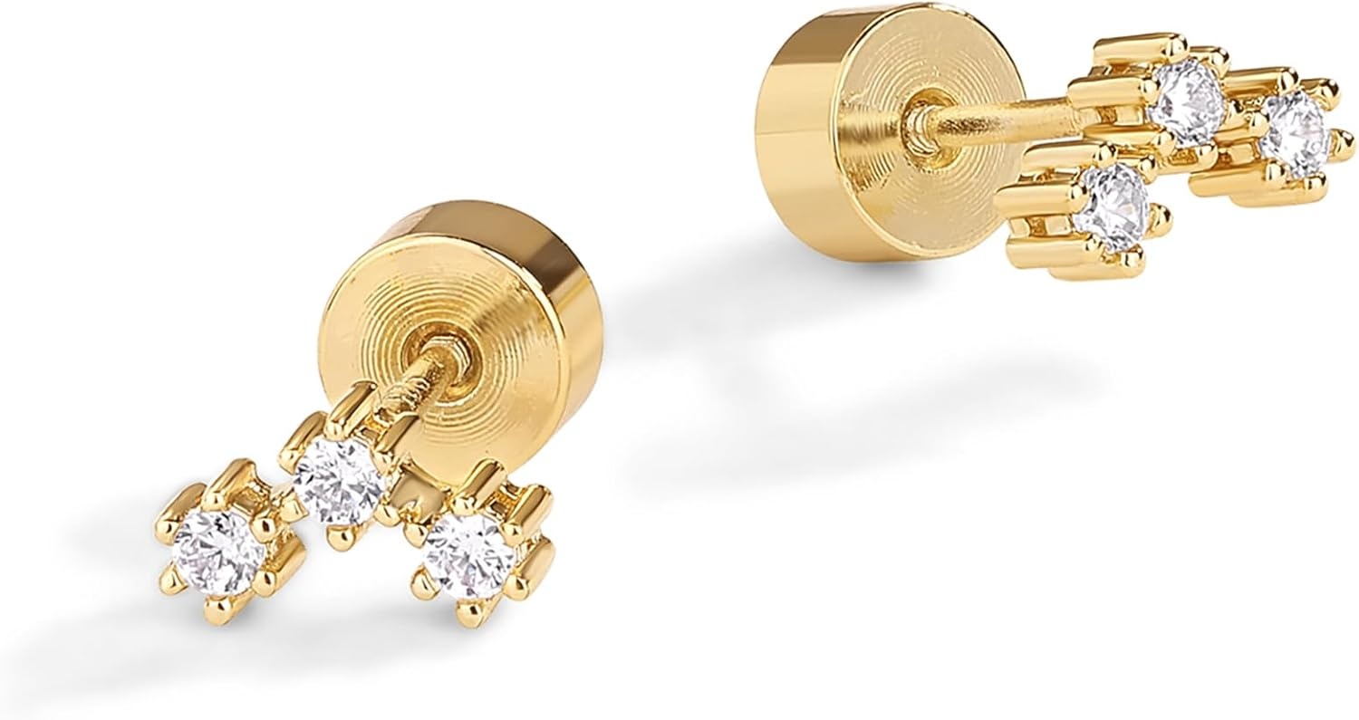 image:imagePAVOI 14K Gold Plated 925 Sterling Silver Posts Mini Stud Flat Back Earrings for Women Helix Cartilage Piercing Jewelry Dainty Pearl Star Cluster Cubic Zirconia Lotus Climber Screw BacksCZ Cluster