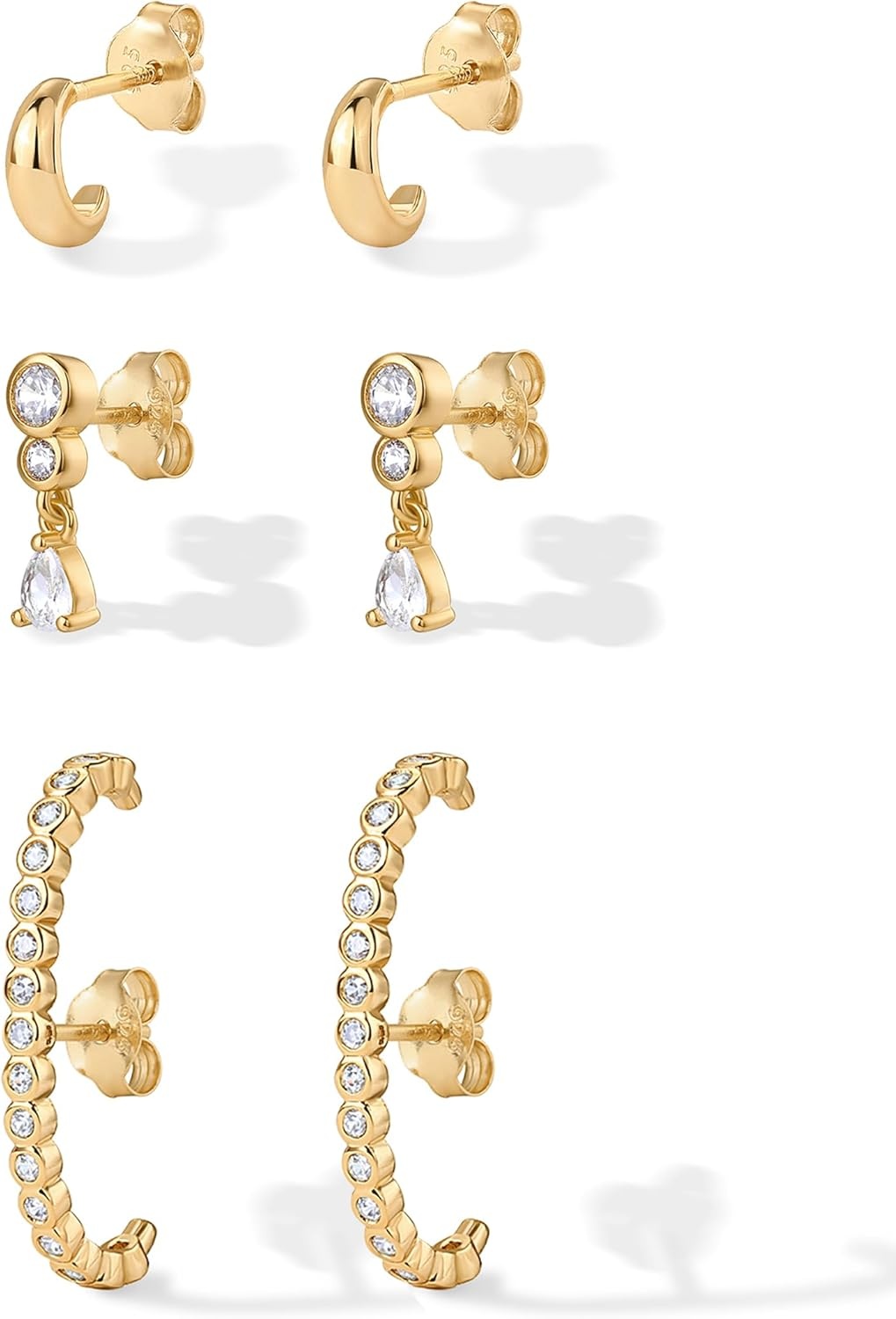 image:imagePAVOI 14K Gold Plated 925 Sterling Silver Posts Multi Pack Earscape Statement Earrings for Women Set of Three Minimalist Suspender Ear Cuff Huggie Stud Dangle Earrings PiercingsYellow Gold