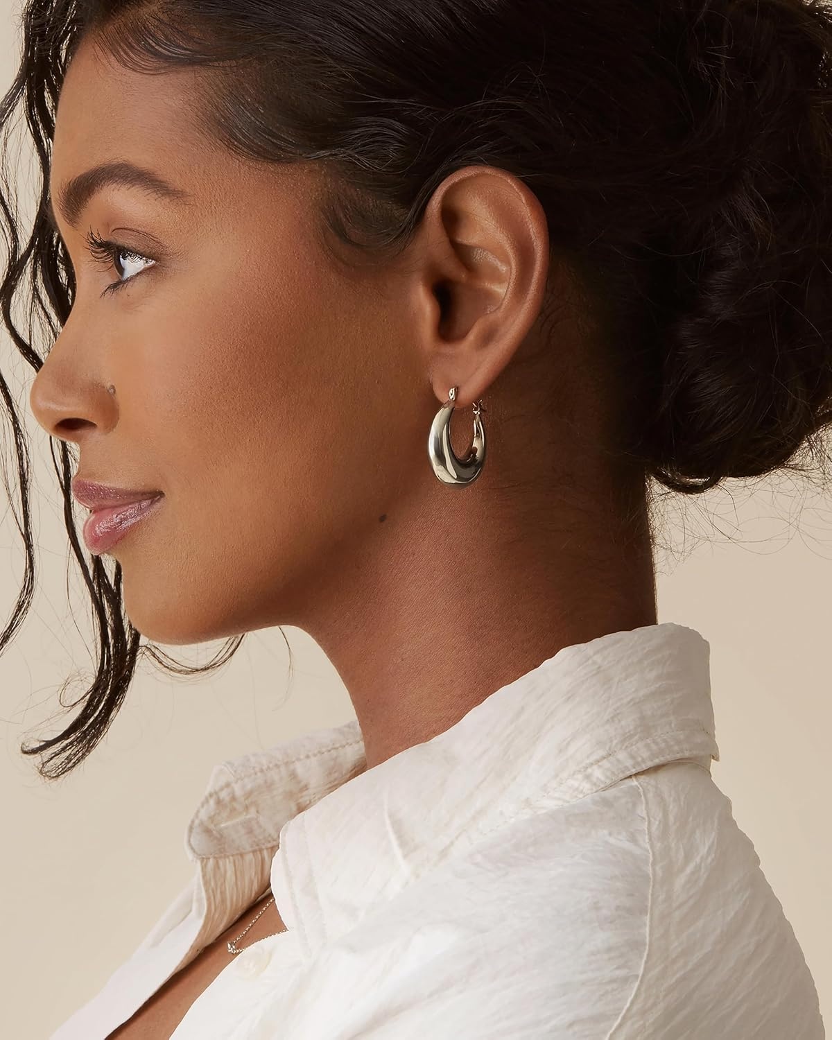 image:imagePAVOI 14K Gold Plated 925 Sterling Silver Posts Oval Chunky Hoop Earrings for Women Trendy Statement Thick Gold Hoops Lightweight Dangle EarringsWhite Gold