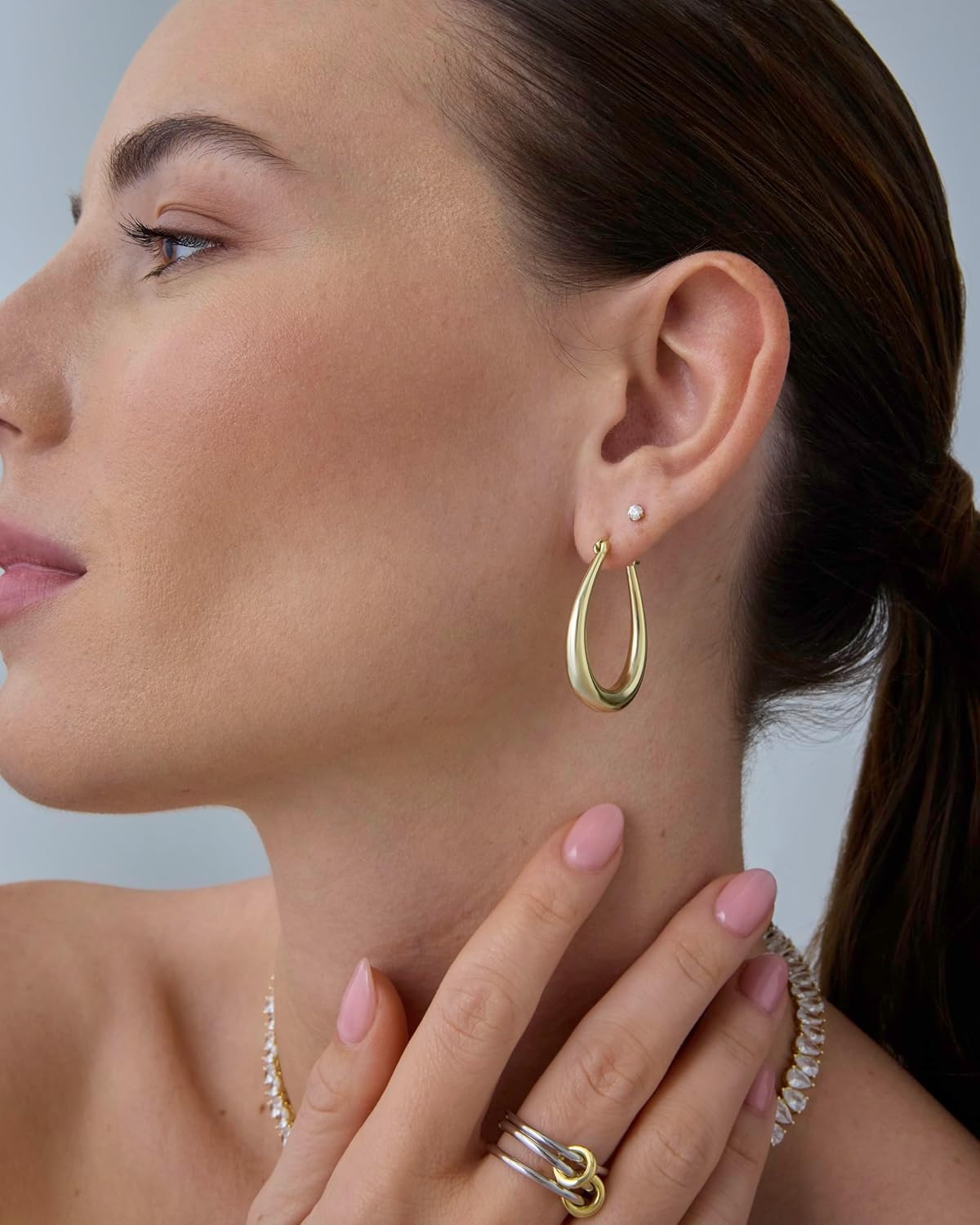 image:imagePAVOI 14K Gold Plated 925 Sterling Silver Posts Oval Chunky Hoop Earrings for Women Trendy Statement Thick Gold Hoops Lightweight Dangle EarringsWhite Gold