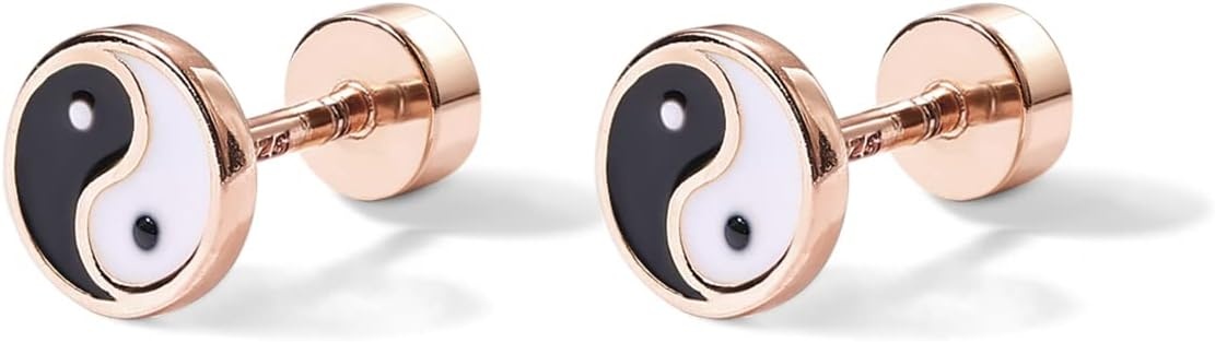 image:imagePAVOI 14K Gold Plated 925 Sterling Silver Posts Pair of Flat Back Stud Earrings for Women Cartilage Helix Piercing Heart Moon Snake Smiley Butterfly Yin and Yang North Star Earring Valentines Day Trendy JewelryYin and Yang