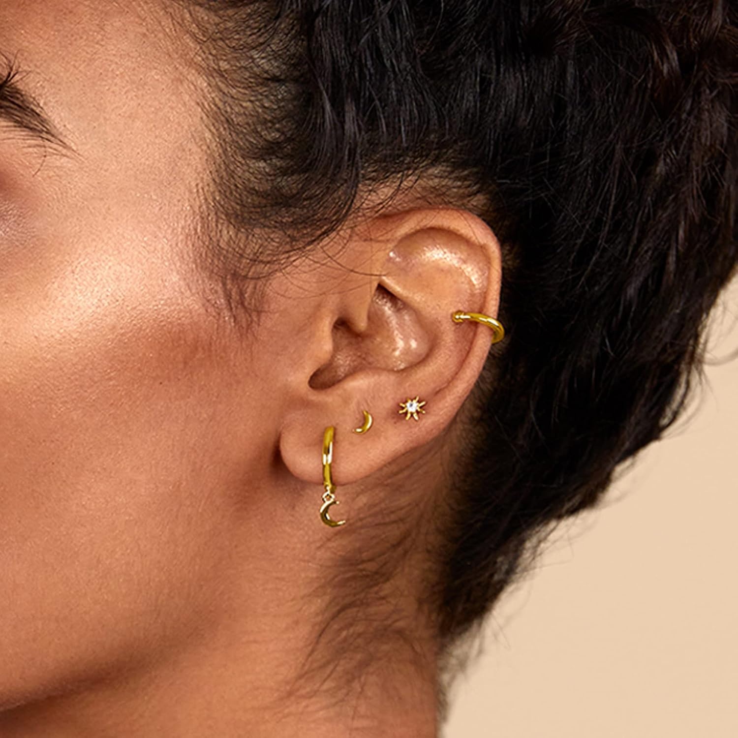 image:imagePAVOI 14K Gold Plated 925 Sterling Silver Posts Pair of Flat Back Stud Earrings for Women Cartilage Helix Piercing Heart Moon Snake Smiley Butterfly Yin and Yang North Star Earring Valentines Day Trendy JewelryMoon