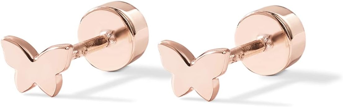 image:imagePAVOI 14K Gold Plated 925 Sterling Silver Posts Pair of Flat Back Stud Earrings for Women Cartilage Helix Piercing Heart Moon Snake Smiley Butterfly Yin and Yang North Star Earring Valentines Day Trendy JewelryButterfly