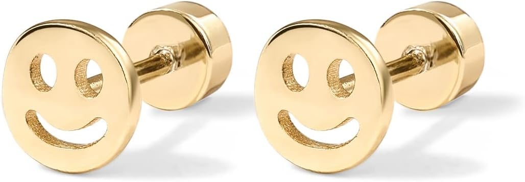 image:imagePAVOI 14K Gold Plated 925 Sterling Silver Posts Pair of Flat Back Stud Earrings for Women Cartilage Helix Piercing Heart Moon Snake Smiley Butterfly Yin and Yang North Star Earring Valentines Day Trendy JewelrySmiley