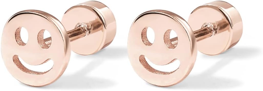 image:imagePAVOI 14K Gold Plated 925 Sterling Silver Posts Pair of Flat Back Stud Earrings for Women Cartilage Helix Piercing Heart Moon Snake Smiley Butterfly Yin and Yang North Star Earring Valentines Day Trendy JewelrySmiley
