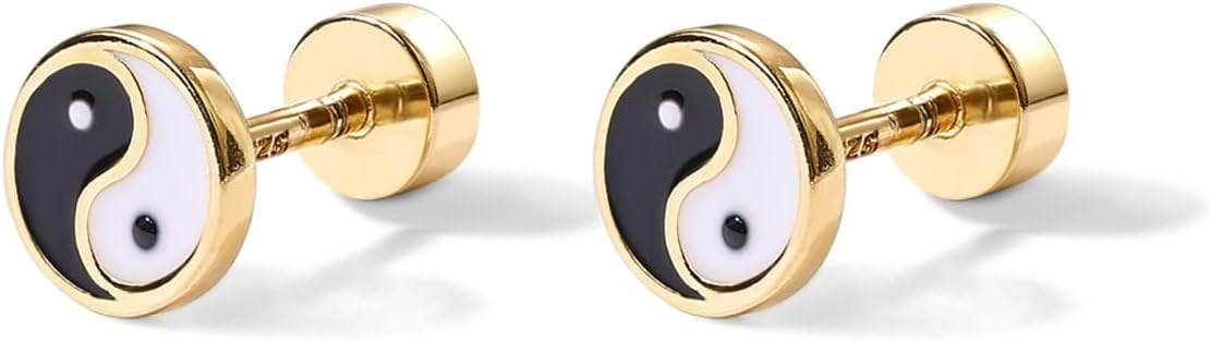 image:imagePAVOI 14K Gold Plated 925 Sterling Silver Posts Pair of Flat Back Stud Earrings for Women Cartilage Helix Piercing Heart Moon Snake Smiley Butterfly Yin and Yang North Star Earring Valentines Day Trendy JewelryYin and Yang