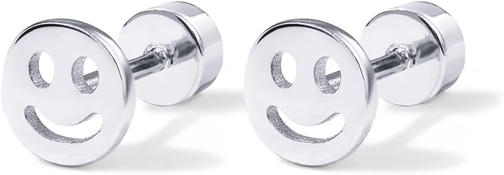 image:imagePAVOI 14K Gold Plated 925 Sterling Silver Posts Pair of Flat Back Stud Earrings for Women Cartilage Helix Piercing Heart Moon Snake Smiley Butterfly Yin and Yang North Star Earring Valentines Day Trendy JewelrySmiley