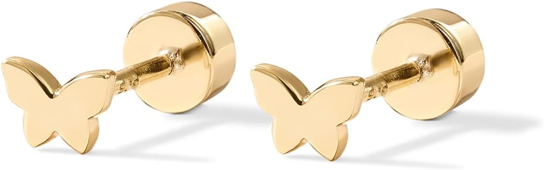 image:imagePAVOI 14K Gold Plated 925 Sterling Silver Posts Pair of Flat Back Stud Earrings for Women Cartilage Helix Piercing Heart Moon Snake Smiley Butterfly Yin and Yang North Star Earring Valentines Day Trendy JewelryButterfly