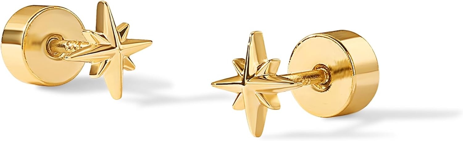 image:imagePAVOI 14K Gold Plated 925 Sterling Silver Posts Pair of Flat Back Stud Earrings for Women Cartilage Helix Piercing Heart Moon Snake Smiley Butterfly Yin and Yang North Star Earring Valentines Day Trendy JewelryNorth Star
