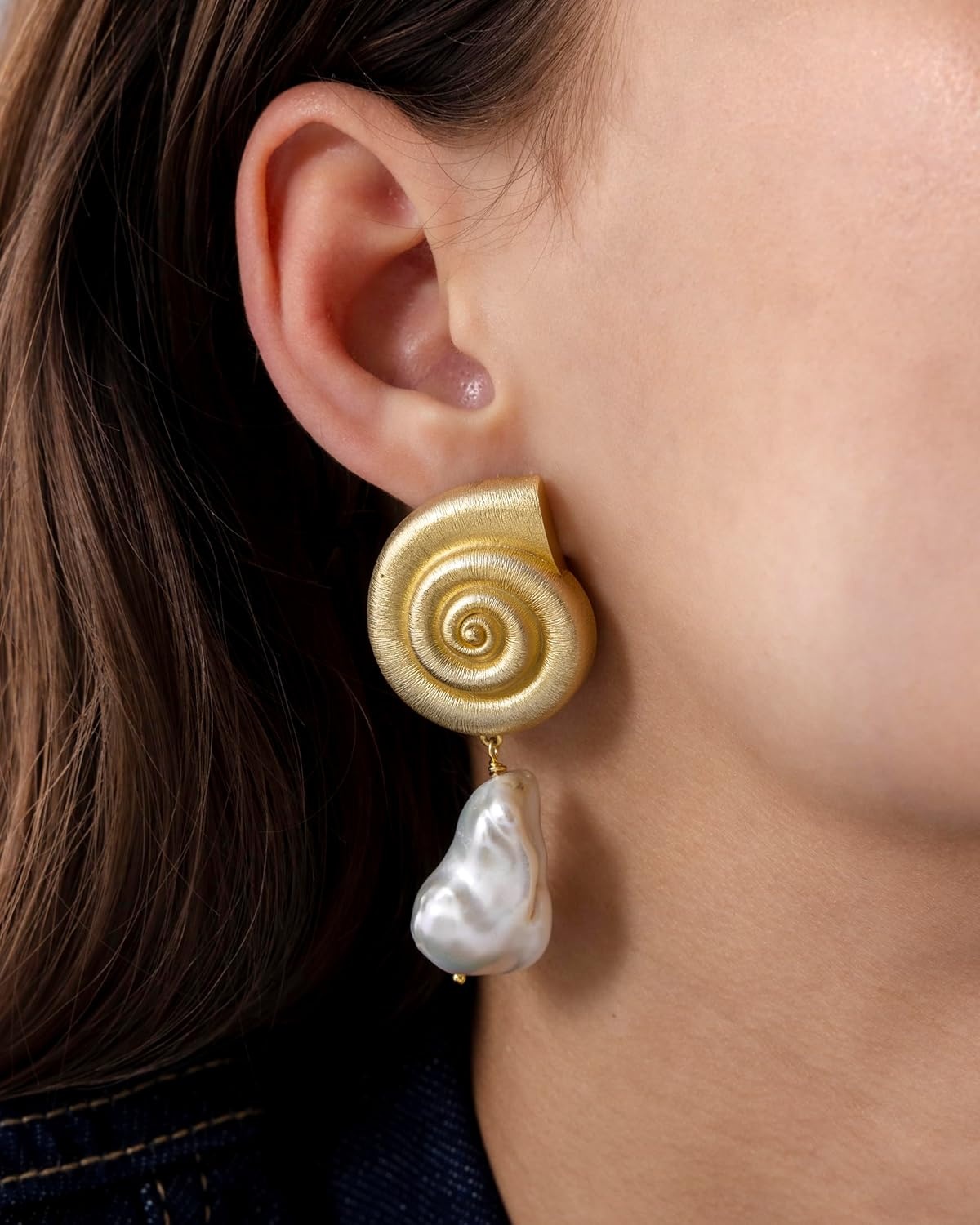 image:imagePAVOI 14K Gold Plated 925 Sterling Silver Posts Seashell Statement Earrings for Women Cubic Zirconia Reconstructed Baroque Freshwater Pearl Stud Earring Brushed Textured Conch Chunky EarringsSeashell Pearl