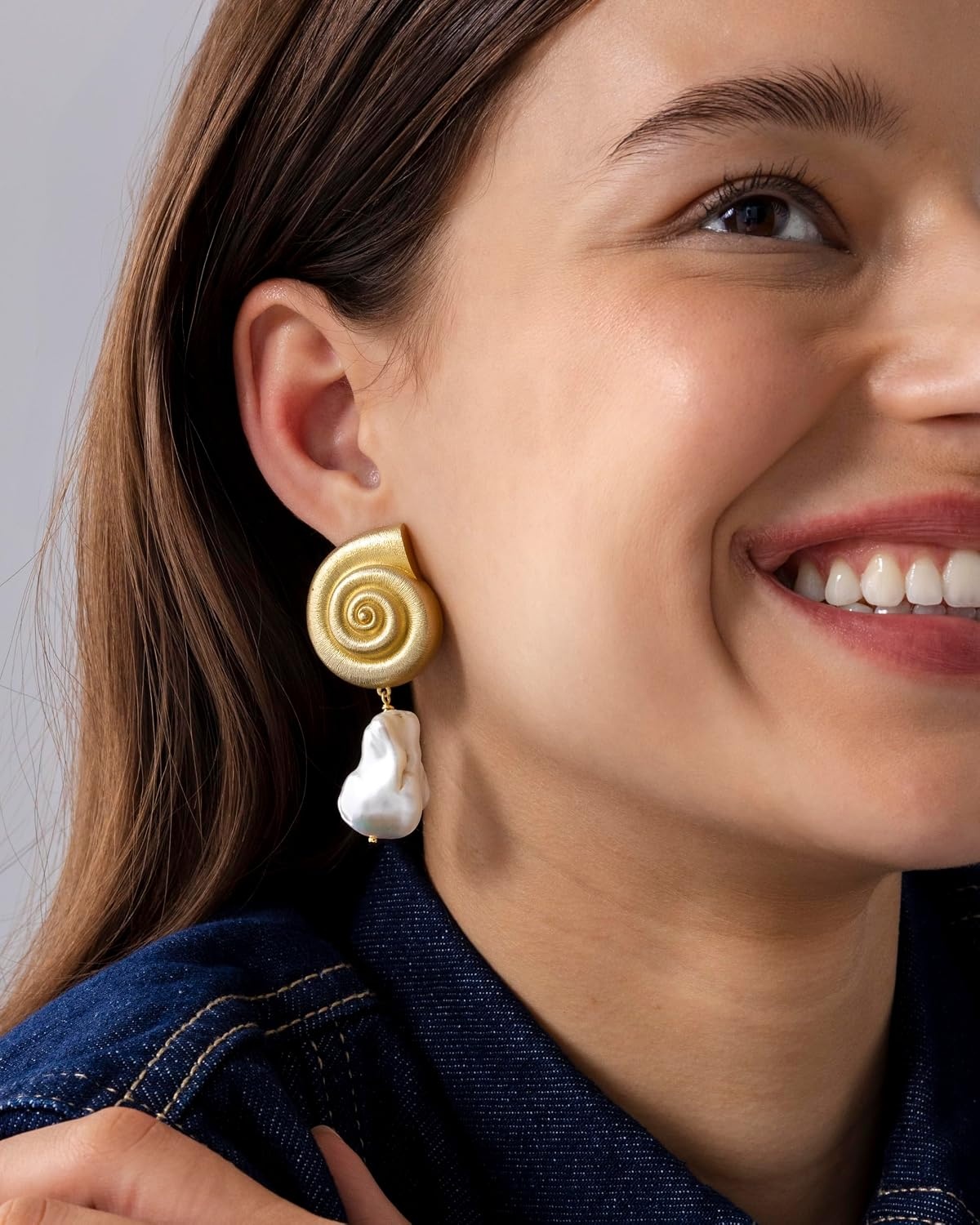 image:imagePAVOI 14K Gold Plated 925 Sterling Silver Posts Seashell Statement Earrings for Women Cubic Zirconia Reconstructed Baroque Freshwater Pearl Stud Earring Brushed Textured Conch Chunky EarringsSeashell Pearl