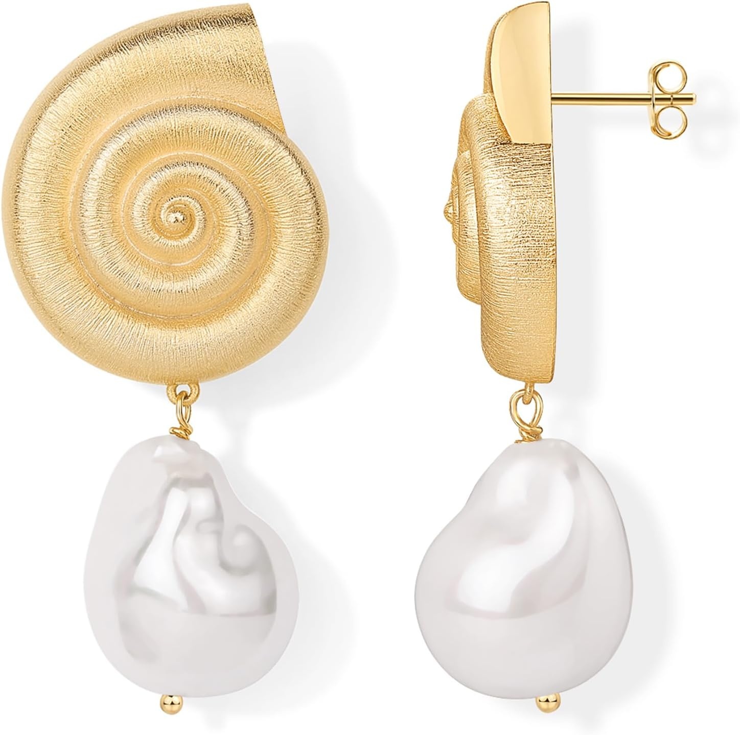 image:imagePAVOI 14K Gold Plated 925 Sterling Silver Posts Seashell Statement Earrings for Women Cubic Zirconia Reconstructed Baroque Freshwater Pearl Stud Earring Brushed Textured Conch Chunky EarringsSeashell Pearl
