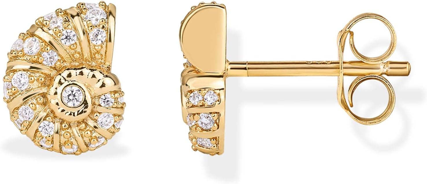 image:imagePAVOI 14K Gold Plated 925 Sterling Silver Posts Seashell Statement Earrings for Women Cubic Zirconia Reconstructed Baroque Freshwater Pearl Stud Earring Brushed Textured Conch Chunky EarringsDainty Seashell