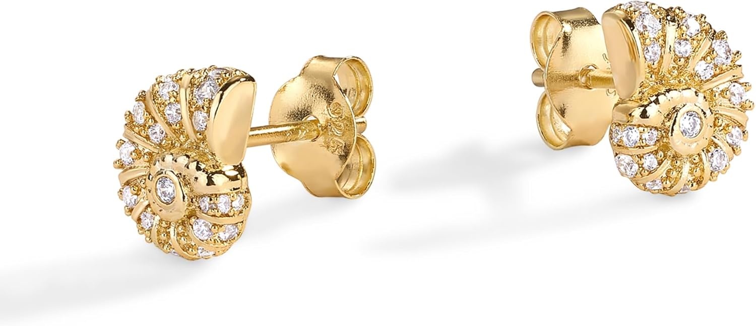 image:imagePAVOI 14K Gold Plated 925 Sterling Silver Posts Seashell Statement Earrings for Women Cubic Zirconia Reconstructed Baroque Freshwater Pearl Stud Earring Brushed Textured Conch Chunky EarringsDainty Seashell