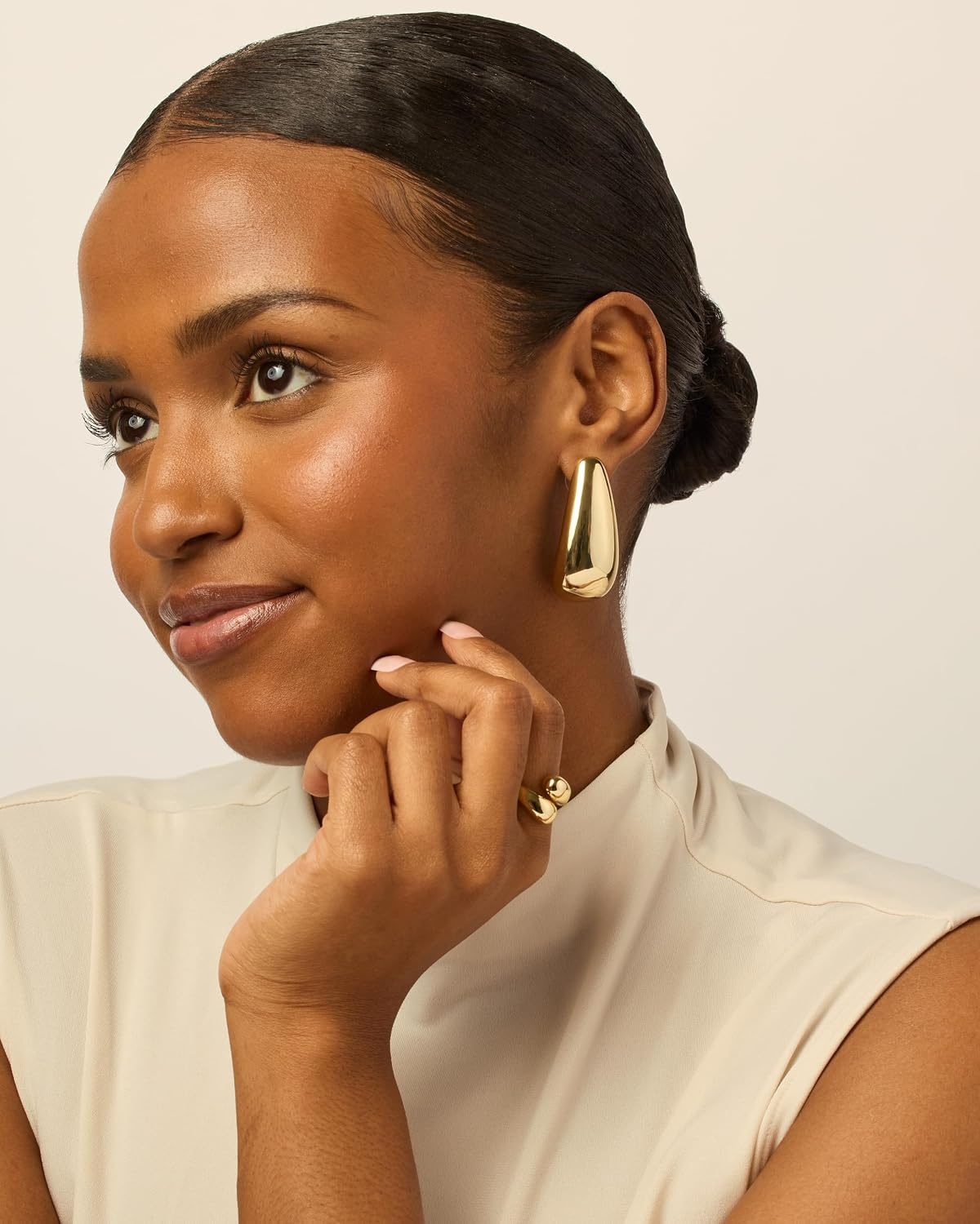 image:imagePAVOI 14K Gold Plated 925 Sterling Silver Posts Statement Earrings for Women Geometric Dome Teardrop Drop Dangle Hoop Chunky Gold EarringsYellow Gold