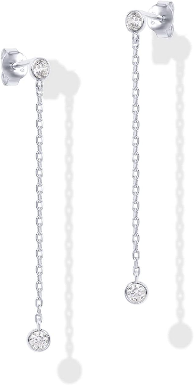 image:imagePAVOI 14K Gold Plated 925 Sterling Silver Posts Station Linear Dangle Earrings for Women Simulated Diamond Chain Drop EarringsWhite Gold