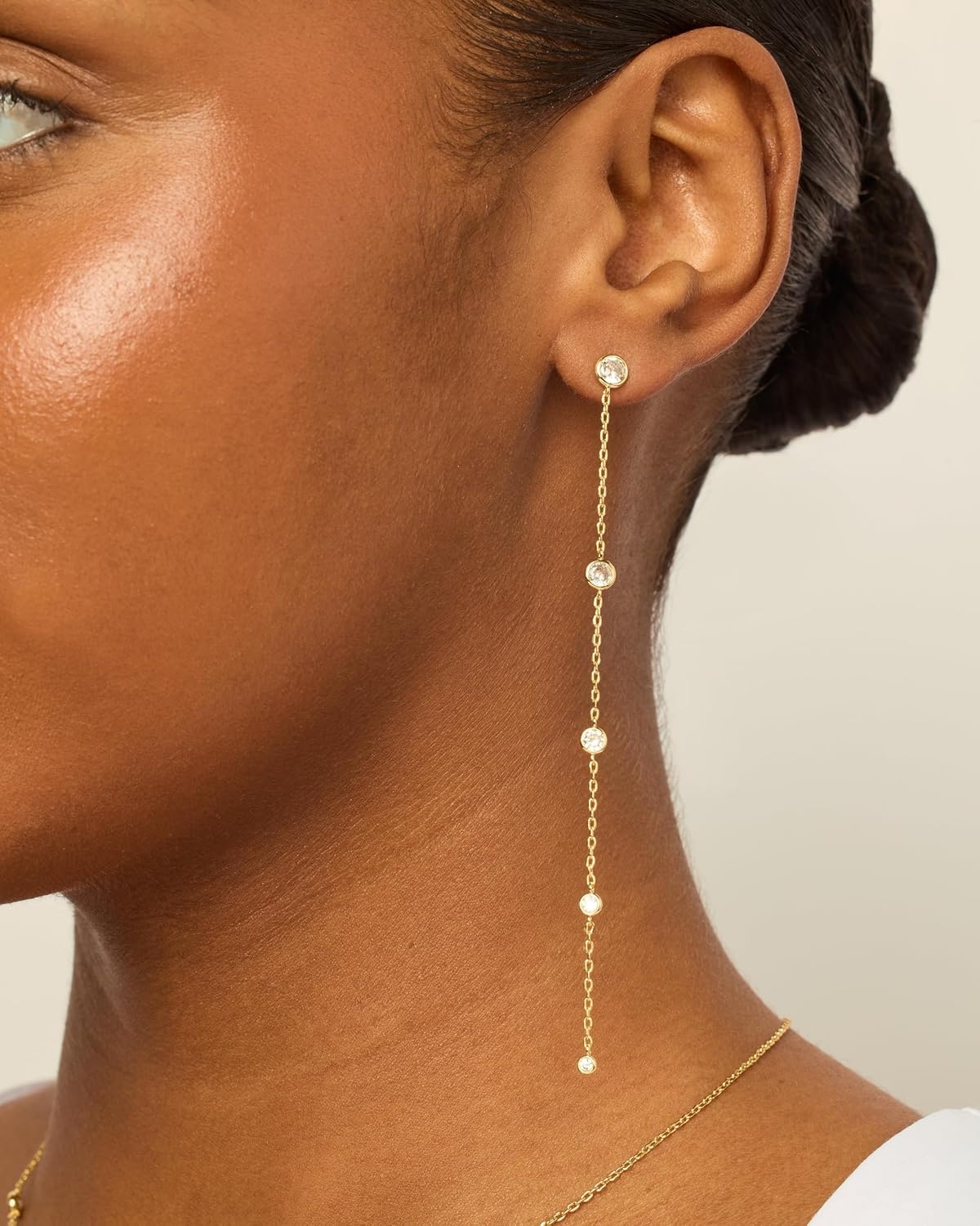 image:imagePAVOI 14K Gold Plated 925 Sterling Silver Posts Station Linear Dangle Earrings for Women Simulated Diamond Chain Drop EarringsWhite Gold