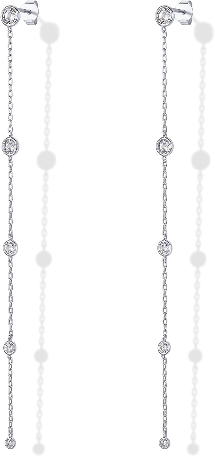 image:imagePAVOI 14K Gold Plated 925 Sterling Silver Posts Station Linear Dangle Earrings for Women Simulated Diamond Chain Drop EarringsWhite Gold