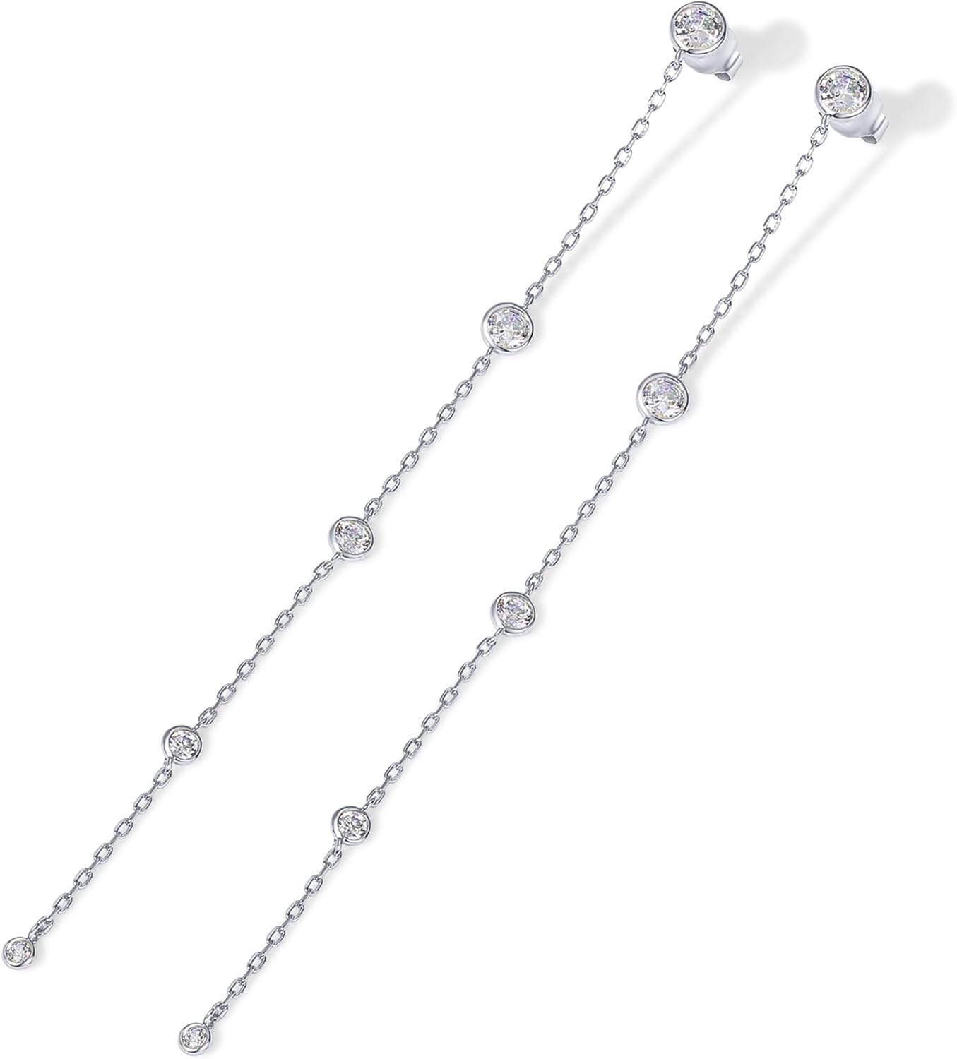 image:imagePAVOI 14K Gold Plated 925 Sterling Silver Posts Station Linear Dangle Earrings for Women Simulated Diamond Chain Drop EarringsWhite Gold