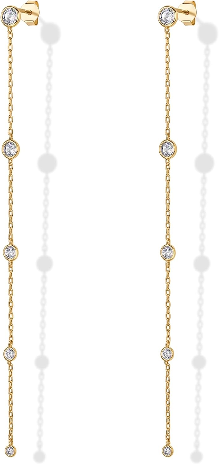 image:imagePAVOI 14K Gold Plated 925 Sterling Silver Posts Station Linear Dangle Earrings for Women Simulated Diamond Chain Drop EarringsYellow Gold