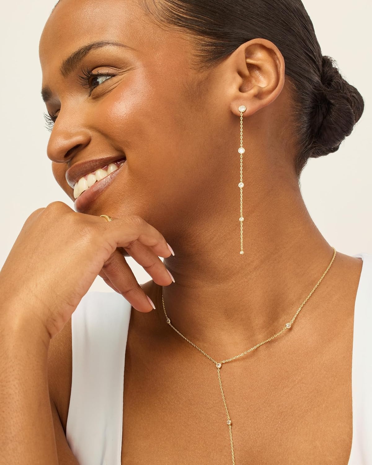 image:imagePAVOI 14K Gold Plated 925 Sterling Silver Posts Station Linear Dangle Earrings for Women Simulated Diamond Chain Drop EarringsYellow Gold