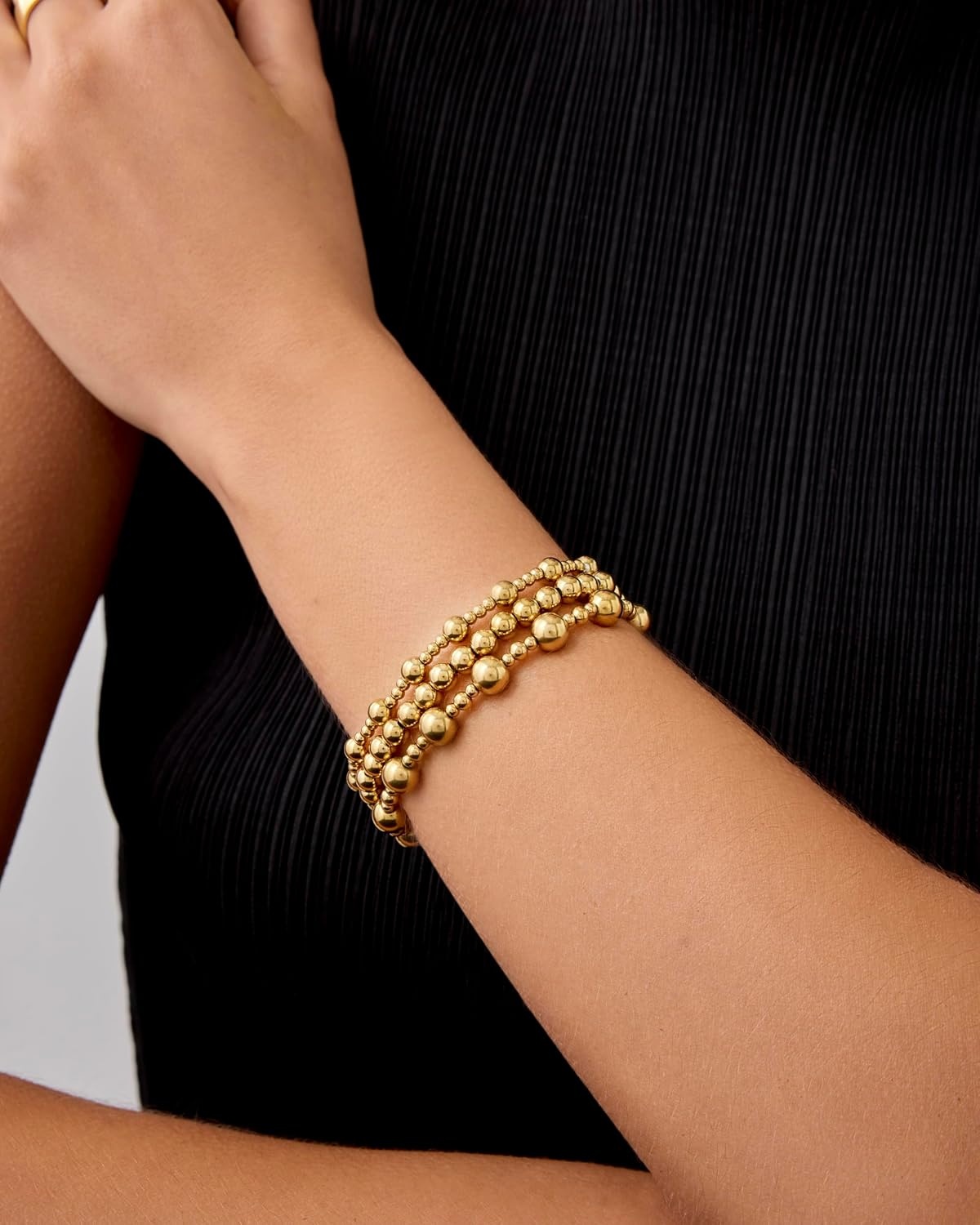 image:imagePAVOI 14K Gold Plated Beaded Bracelet Pack for Women Stainless Steel 3Piece Stretchy Bracelet Set Waterproof Ball TrioWhite Gold