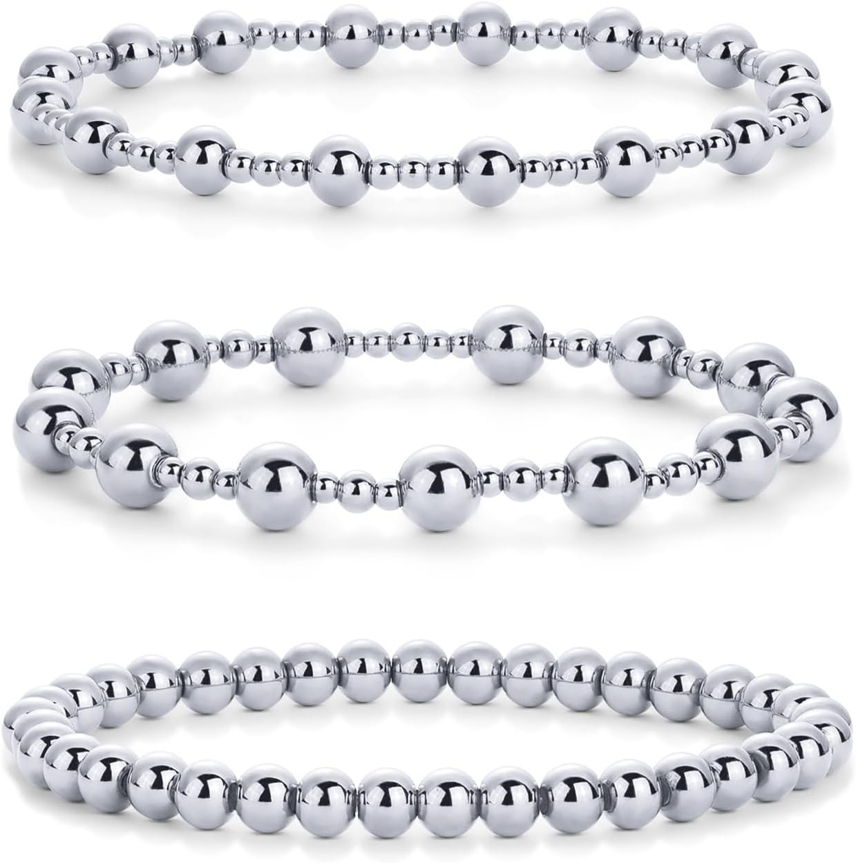 image:imagePAVOI 14K Gold Plated Beaded Bracelet Pack for Women Stainless Steel 3Piece Stretchy Bracelet Set Waterproof Ball TrioWhite Gold