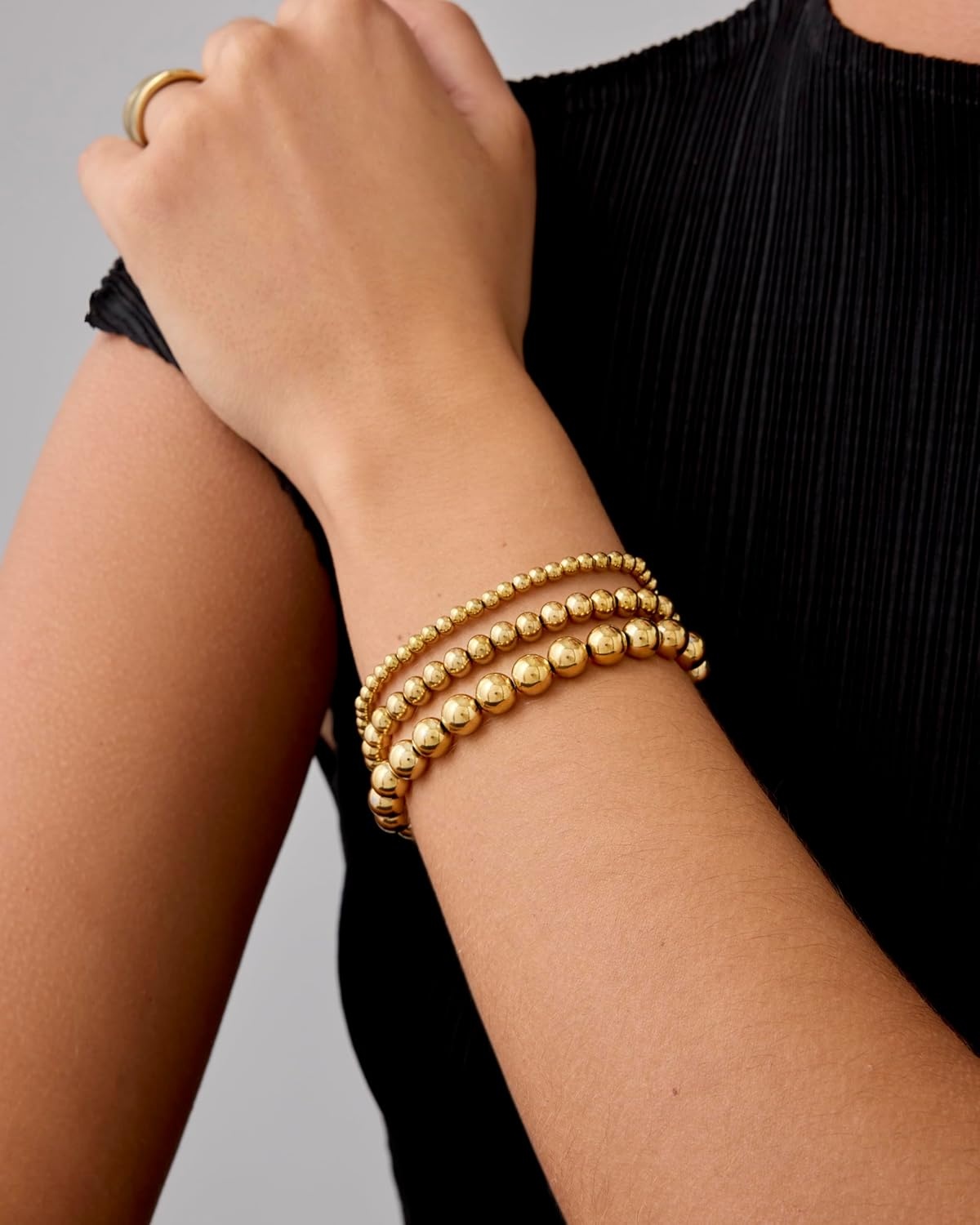 image:imagePAVOI 14K Gold Plated Beaded Bracelet Pack for Women Stainless Steel 3Piece Stretchy Bracelet Set Waterproof Ball TrioWhite Gold