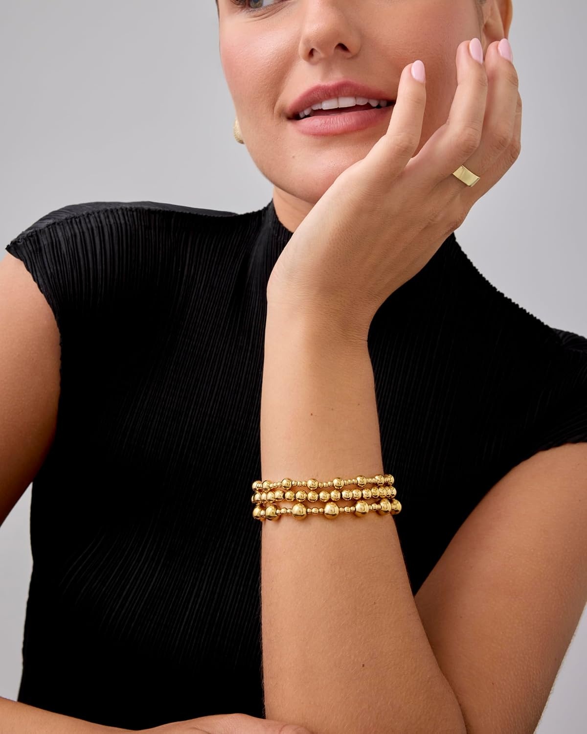 image:imagePAVOI 14K Gold Plated Beaded Bracelet Pack for Women Stainless Steel 3Piece Stretchy Bracelet Set Waterproof Ball TrioWhite Gold