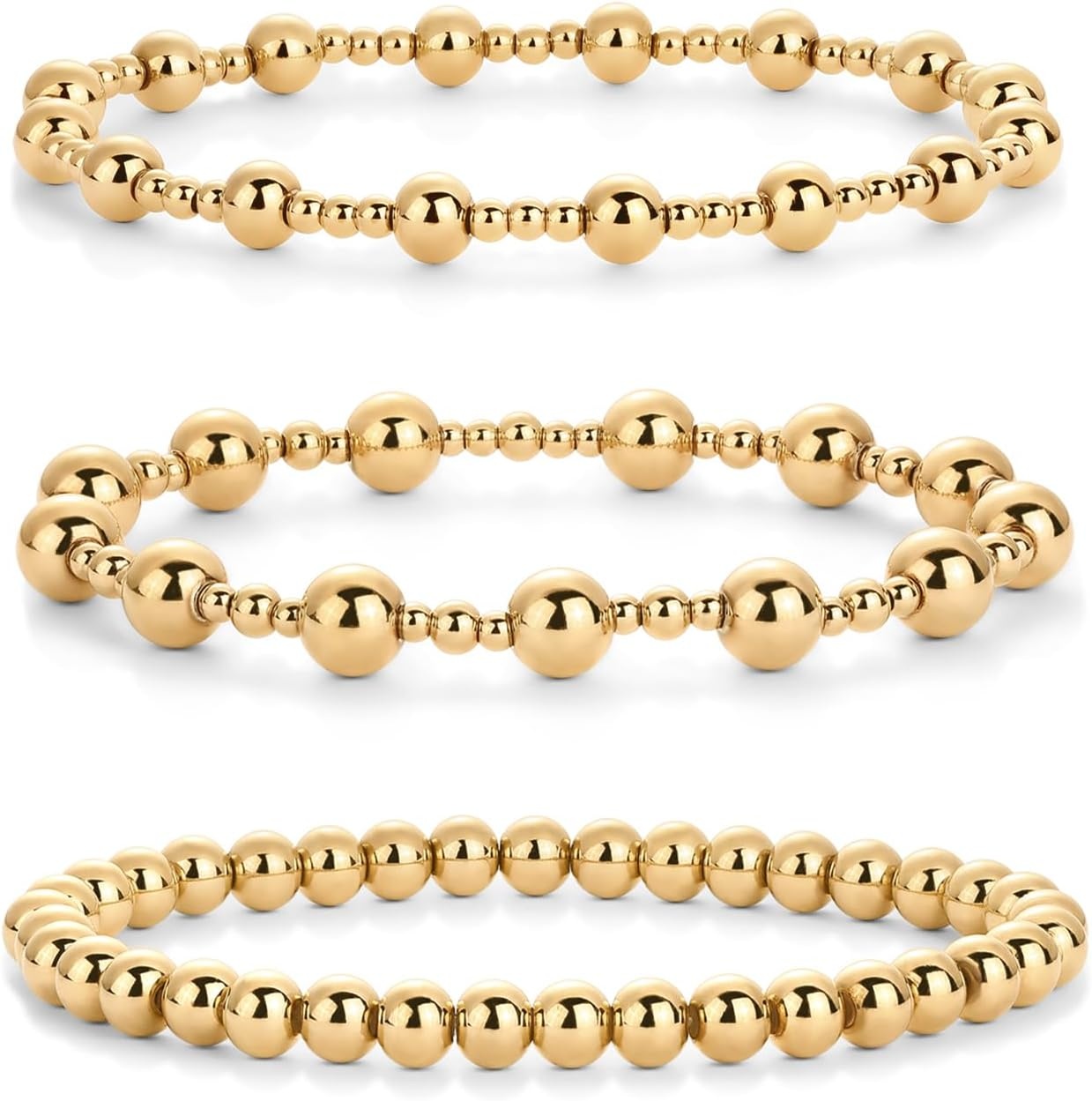 image:imagePAVOI 14K Gold Plated Beaded Bracelet Pack for Women Stainless Steel 3Piece Stretchy Bracelet Set Waterproof Ball TrioYellow Gold
