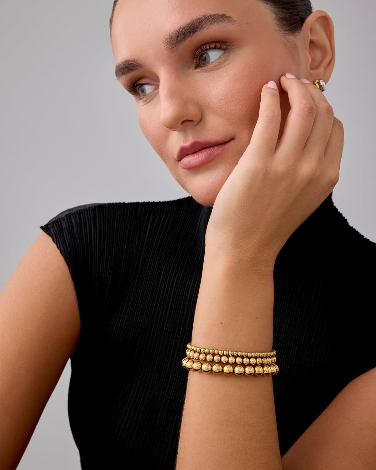 image:imagePAVOI 14K Gold Plated Beaded Bracelet Pack for Women Stainless Steel 3Piece Stretchy Bracelet Set Waterproof Ball TrioYellow Gold