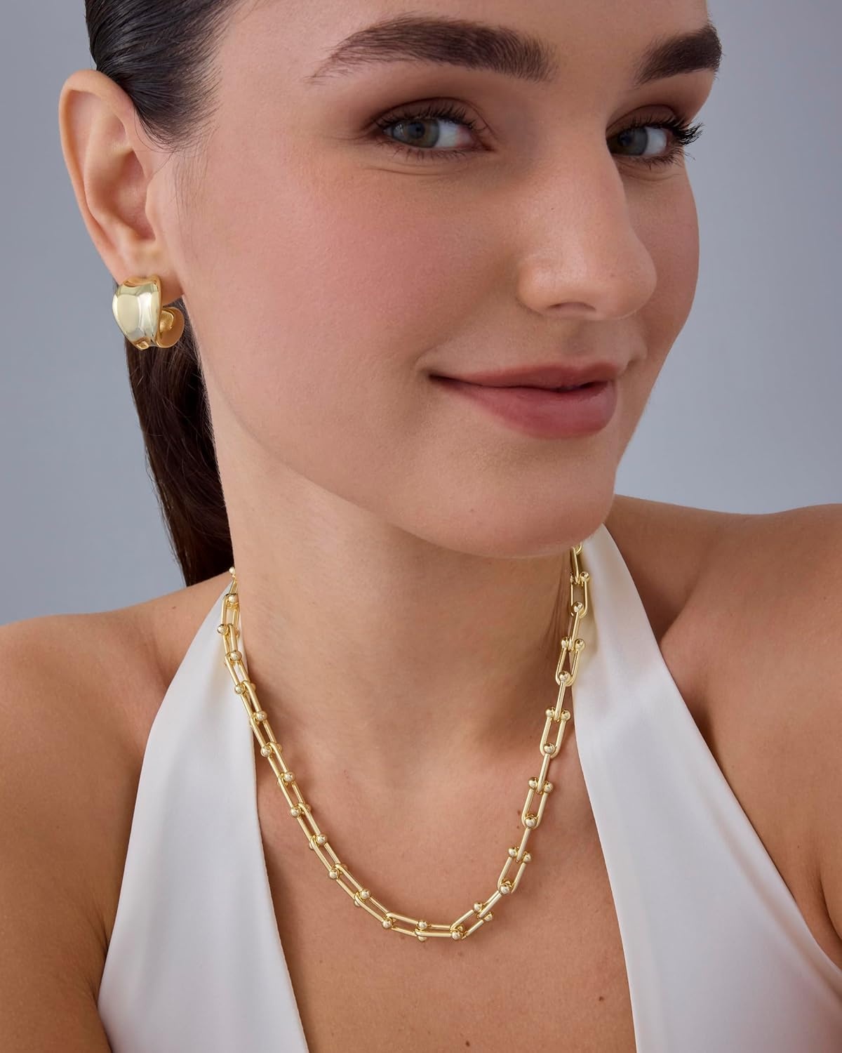 image:imagePAVOI 14K Gold Plated Chunky Chain Choker Necklaces for Women Gold Statement Graduated Link Chain Necklace Bold Oval Link Barbell Links Paperclip ChainsUShaped