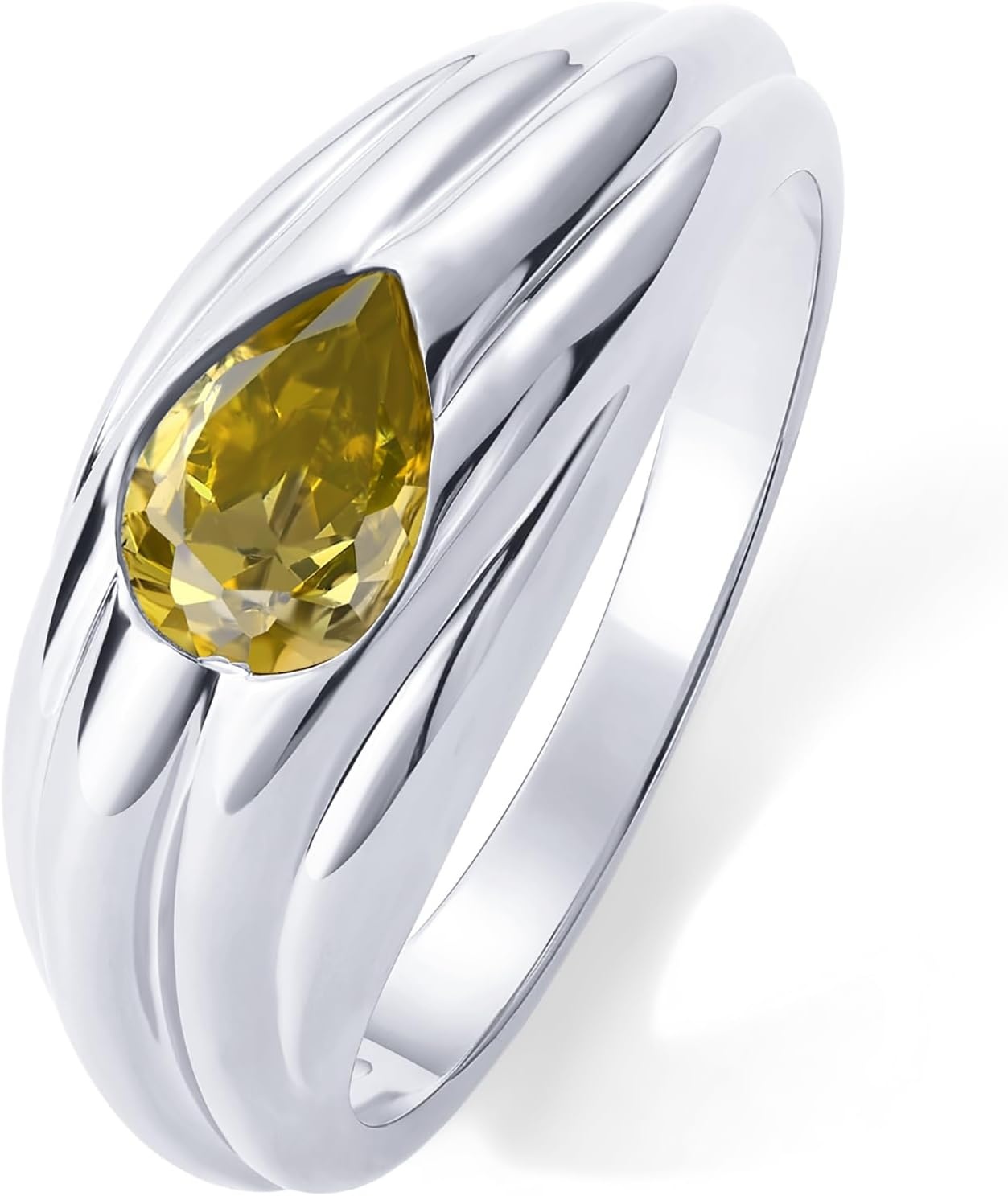 image:imagePAVOI 14K Gold Plated Chunky Colored Gemstones Statement Ring for Women Blue Pink Green Pear Cubic Zirconia Stackable Wave Texture BandsWhite Gold