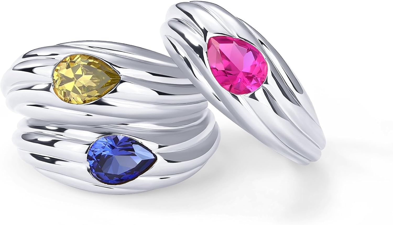 image:imagePAVOI 14K Gold Plated Chunky Colored Gemstones Statement Ring for Women Blue Pink Green Pear Cubic Zirconia Stackable Wave Texture BandsWhite Gold