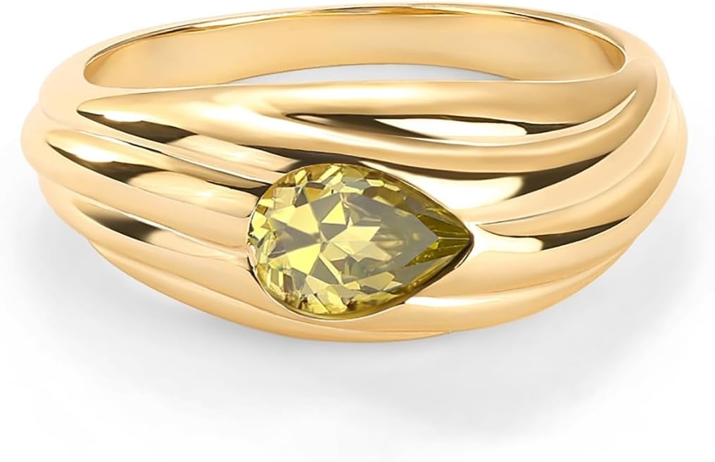 image:imagePAVOI 14K Gold Plated Chunky Colored Gemstones Statement Ring for Women Blue Pink Green Pear Cubic Zirconia Stackable Wave Texture BandsYellow Gold